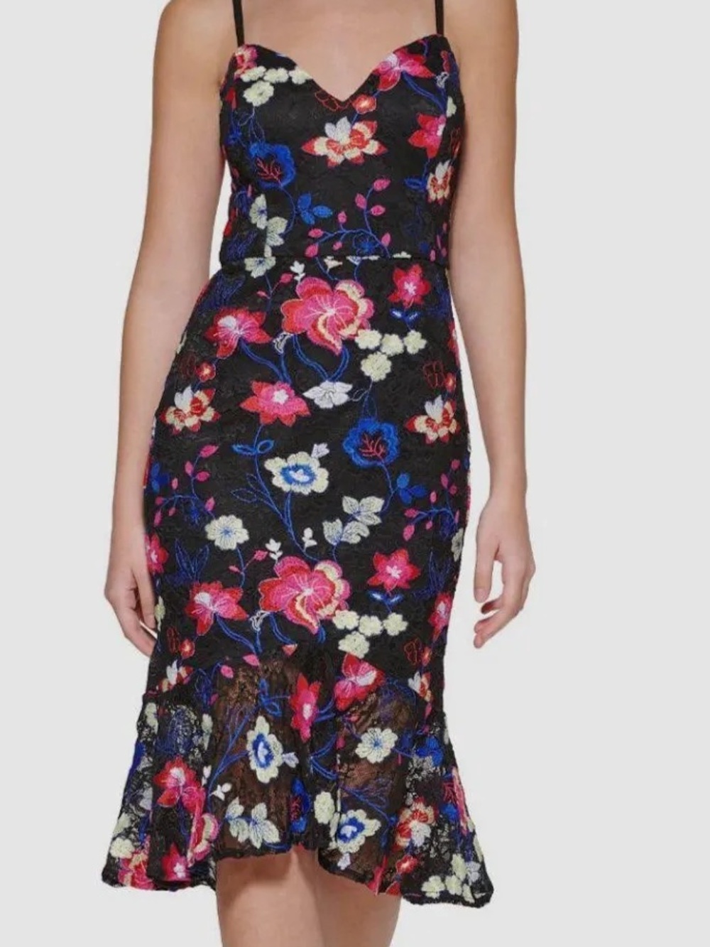 Guess Black Floral Sweetheart Midi Dress with Ruffle Hem and Spaghetti Straps